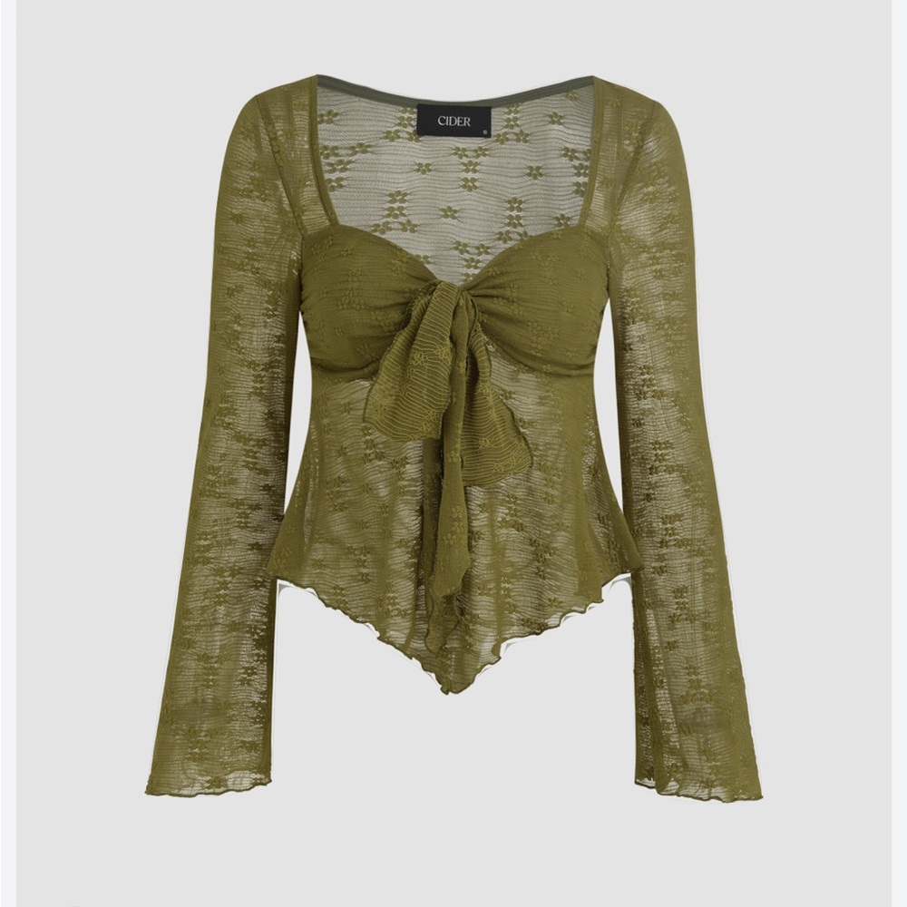Cider olive green lace square neck knotted long sleeve top